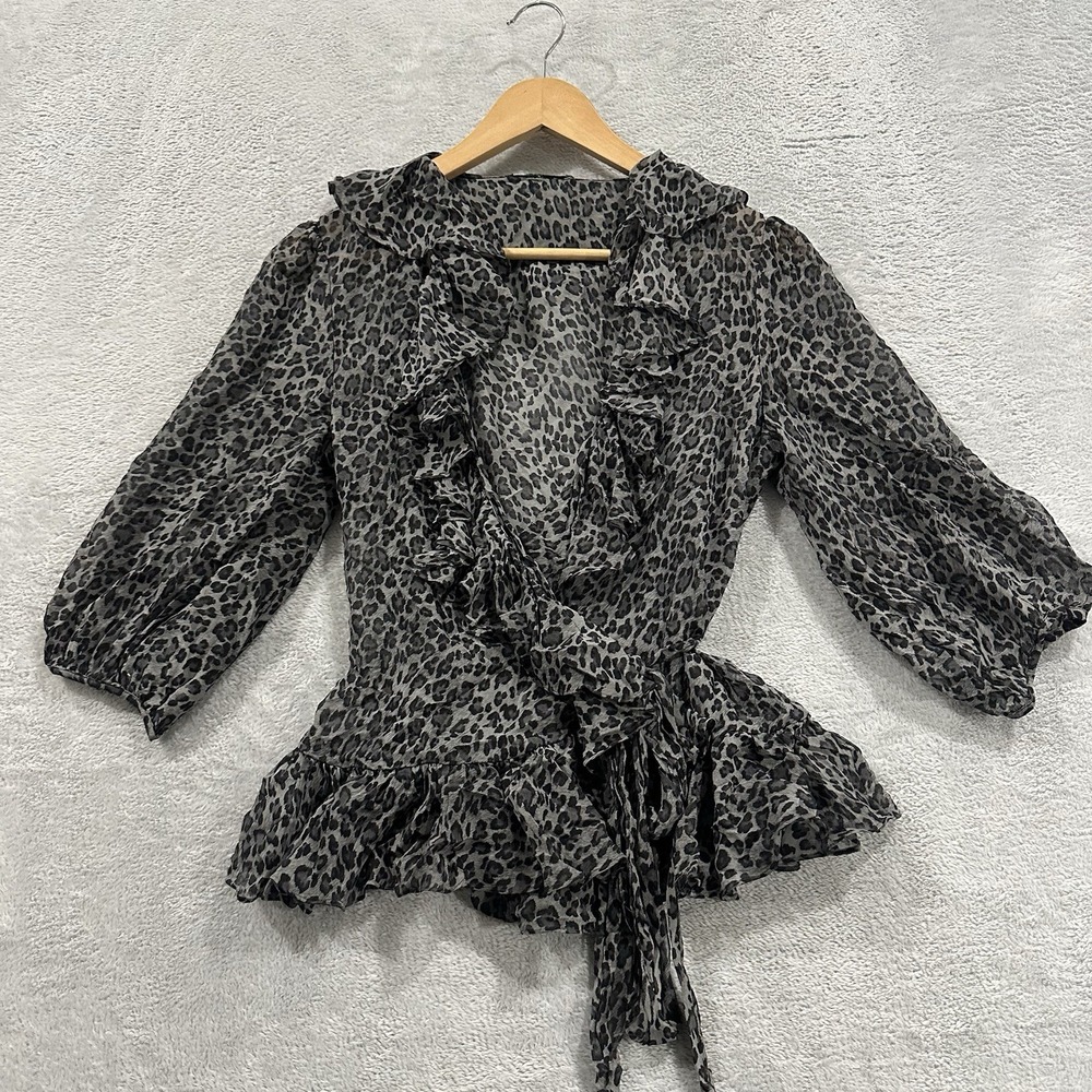 Lauren Ralph Lauren Cardigan Blouse Women Medium Gray Leopard Silk Ruffle Vintag